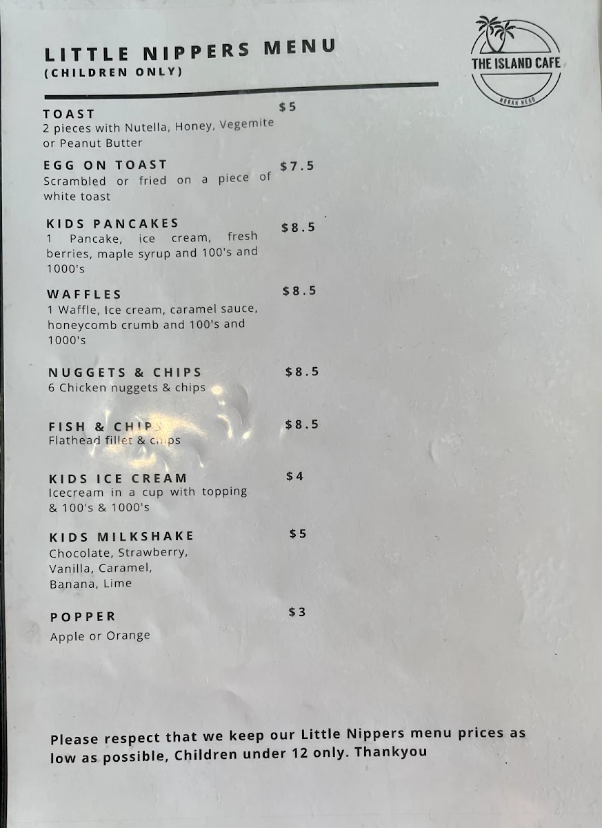 Menu, The Island Cafe