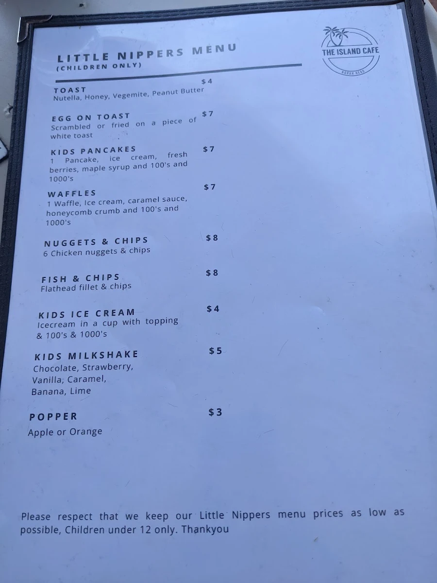Menu, The Island Cafe