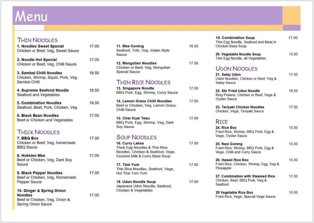 Menu, Noodle Tonight