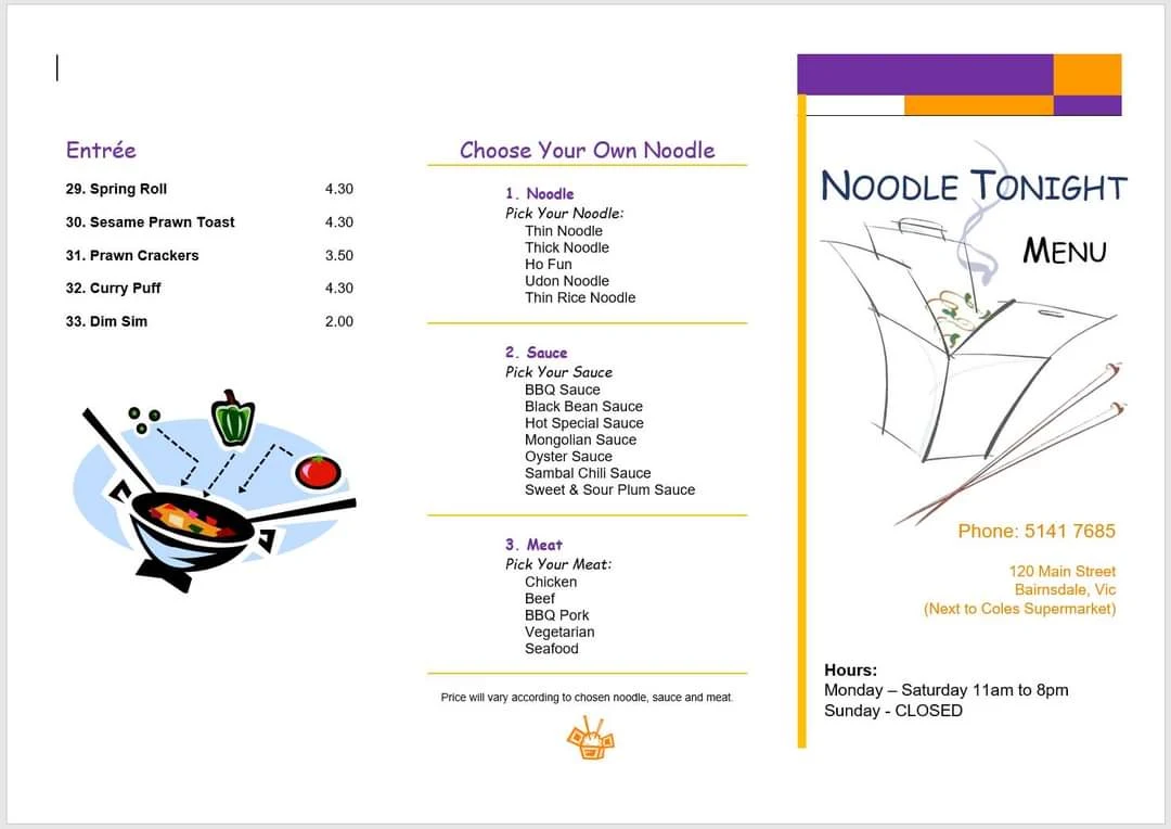 Menu, Noodle Tonight