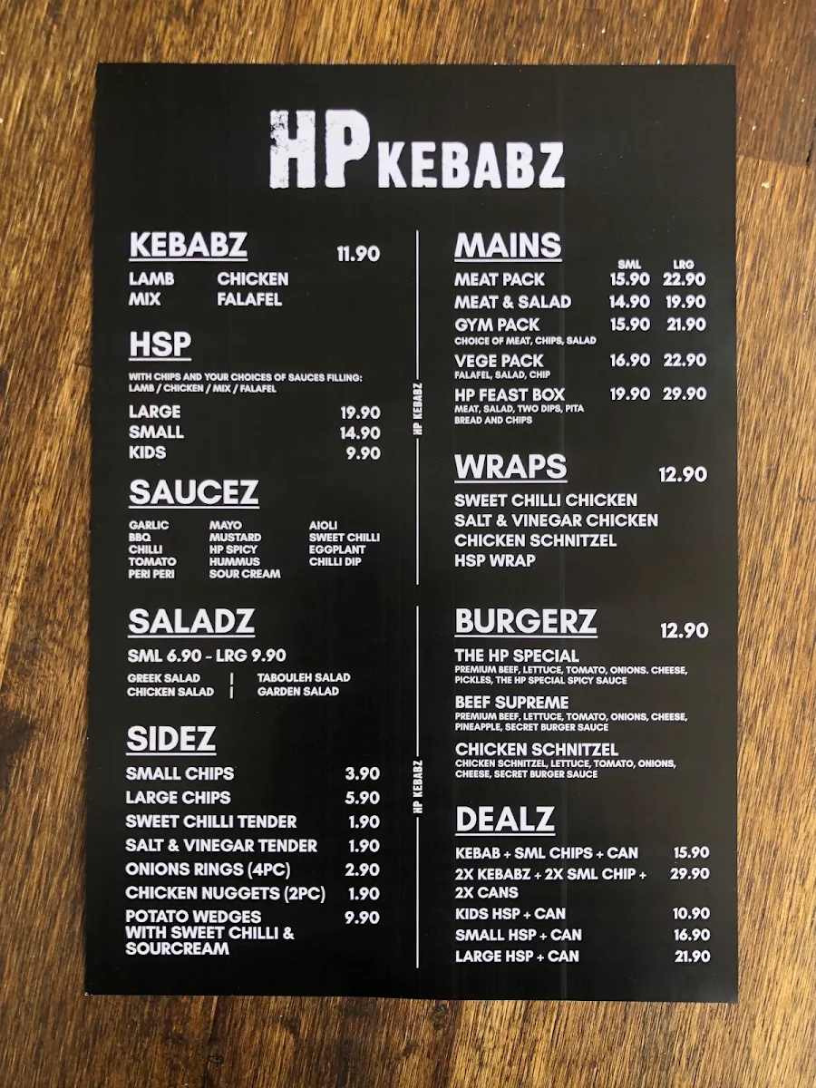 Menu, HP Kebabz - Hampton Park