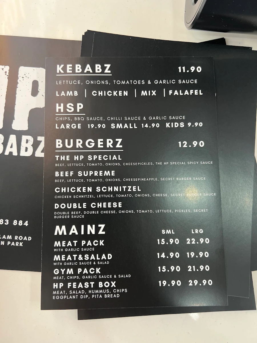 Menu, HP Kebabz - Hampton Park