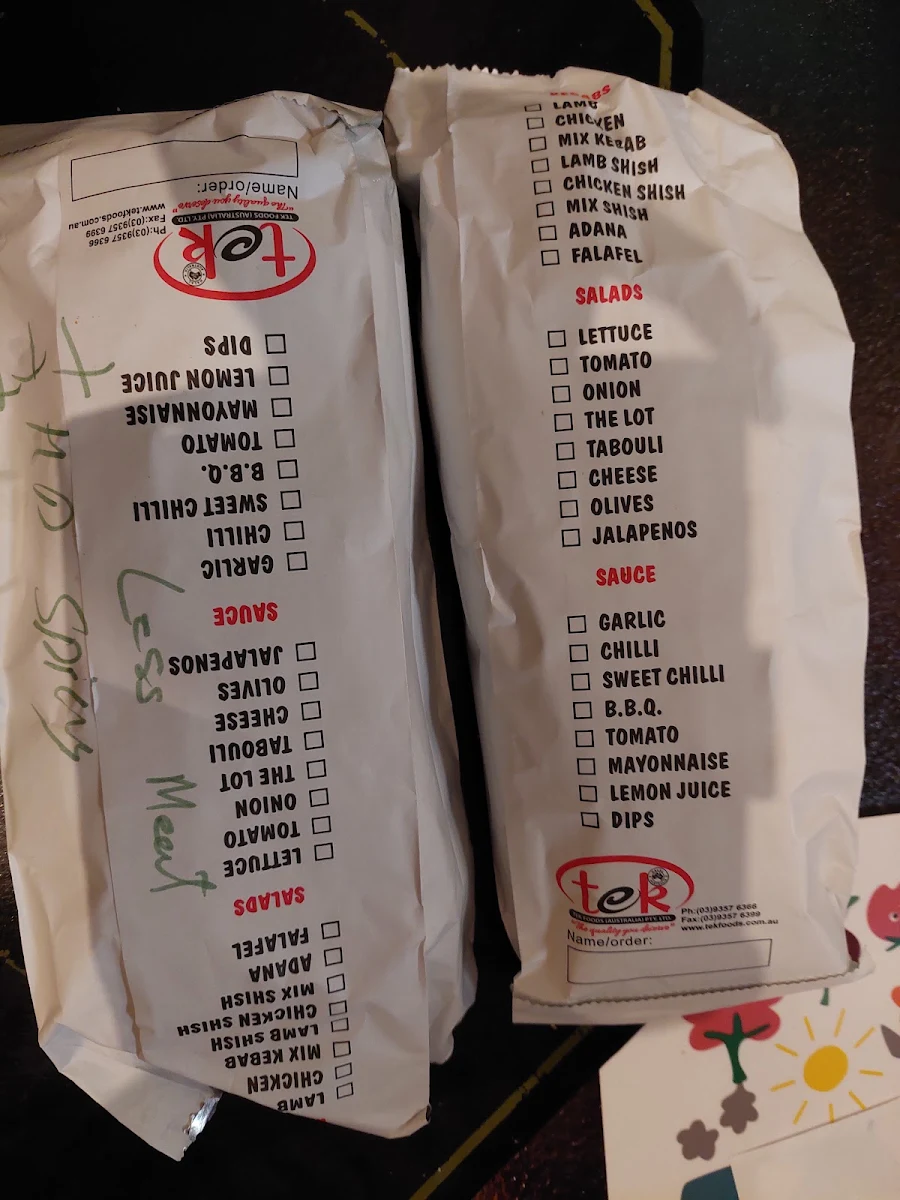 Menu, HP Kebabz - Hampton Park