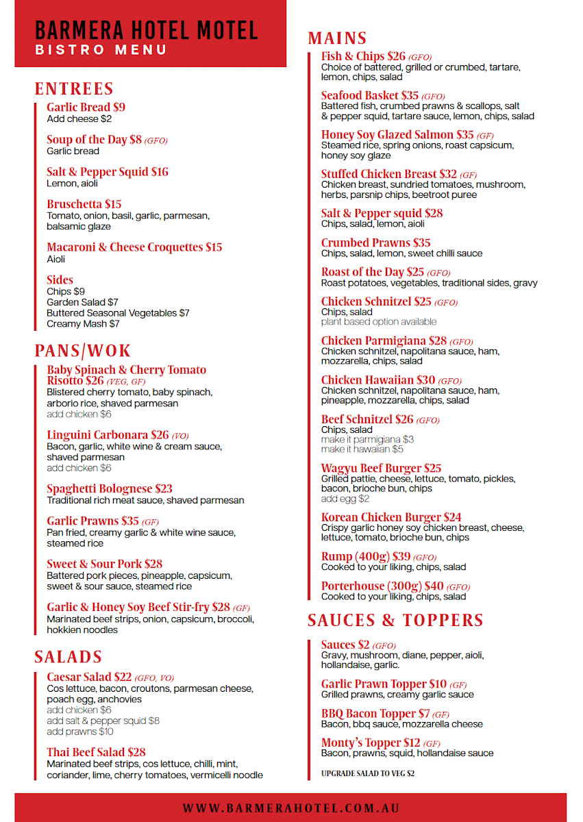 Menu, Barmera Hotel Motel