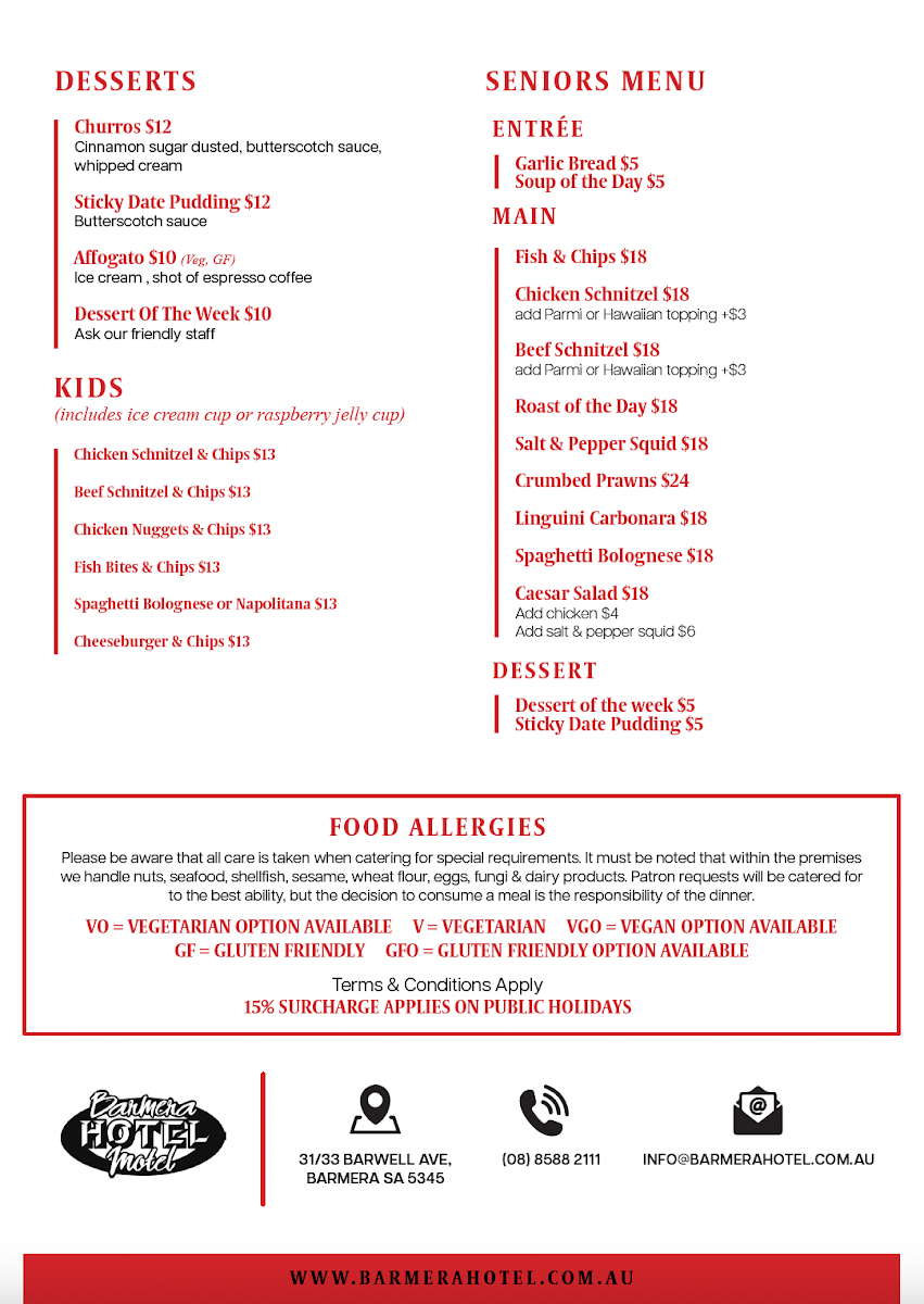 Menu, Barmera Hotel Motel
