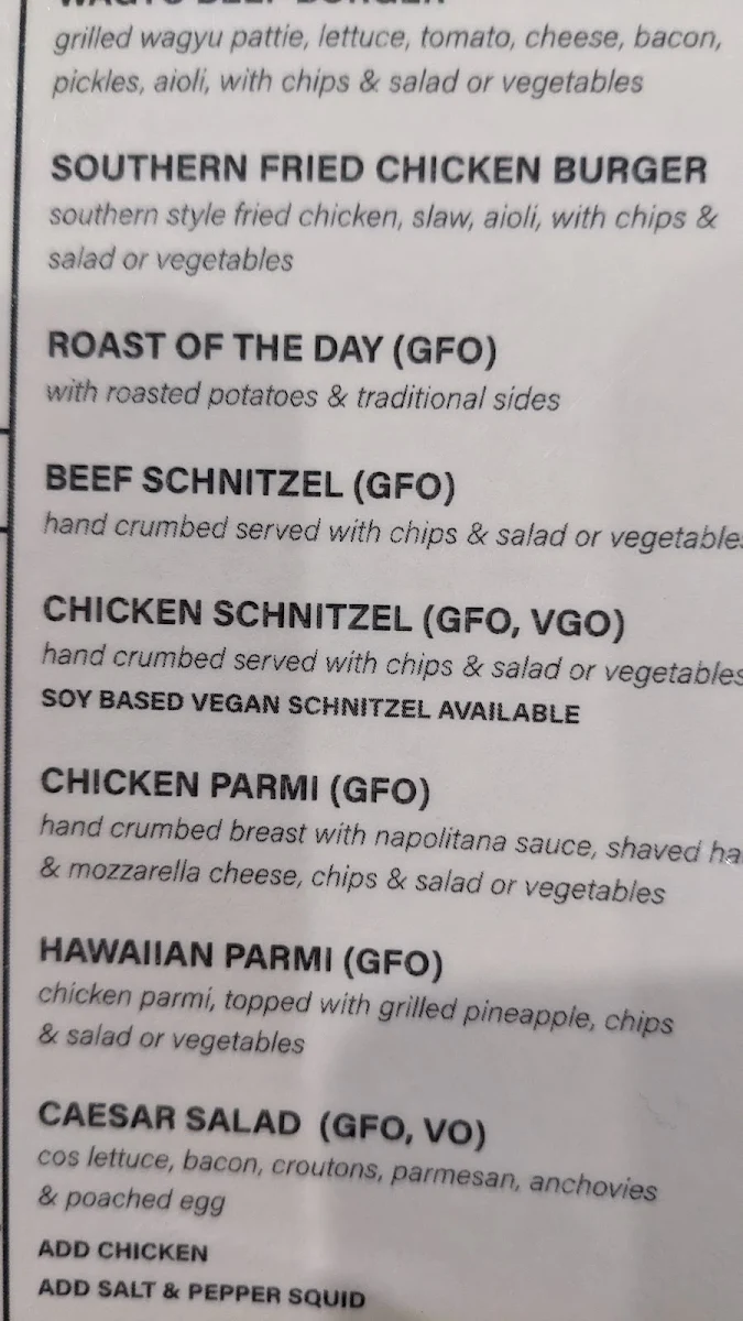 Menu, Barmera Hotel Motel