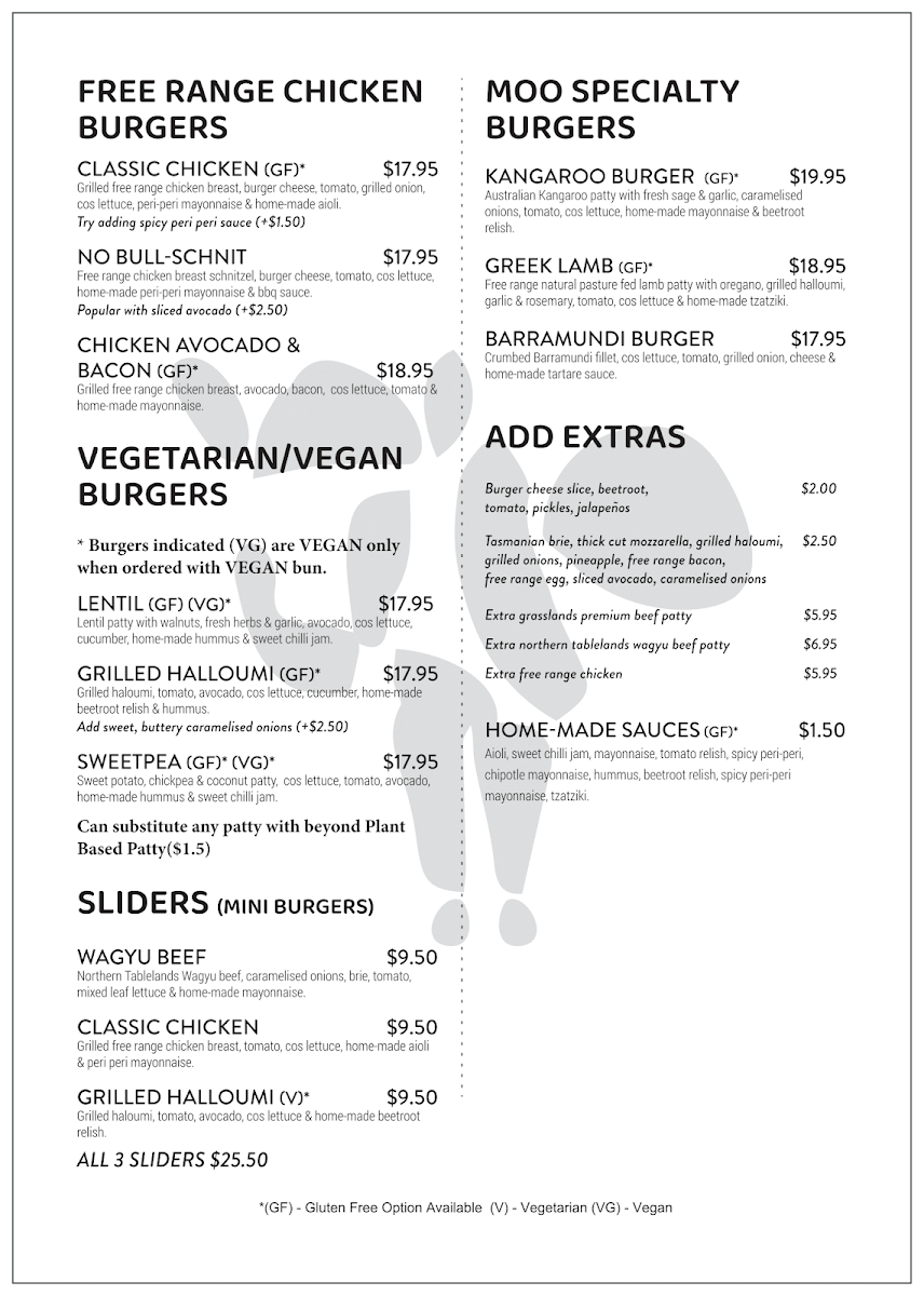 Menu, Moo Gourmet Burgers Manly