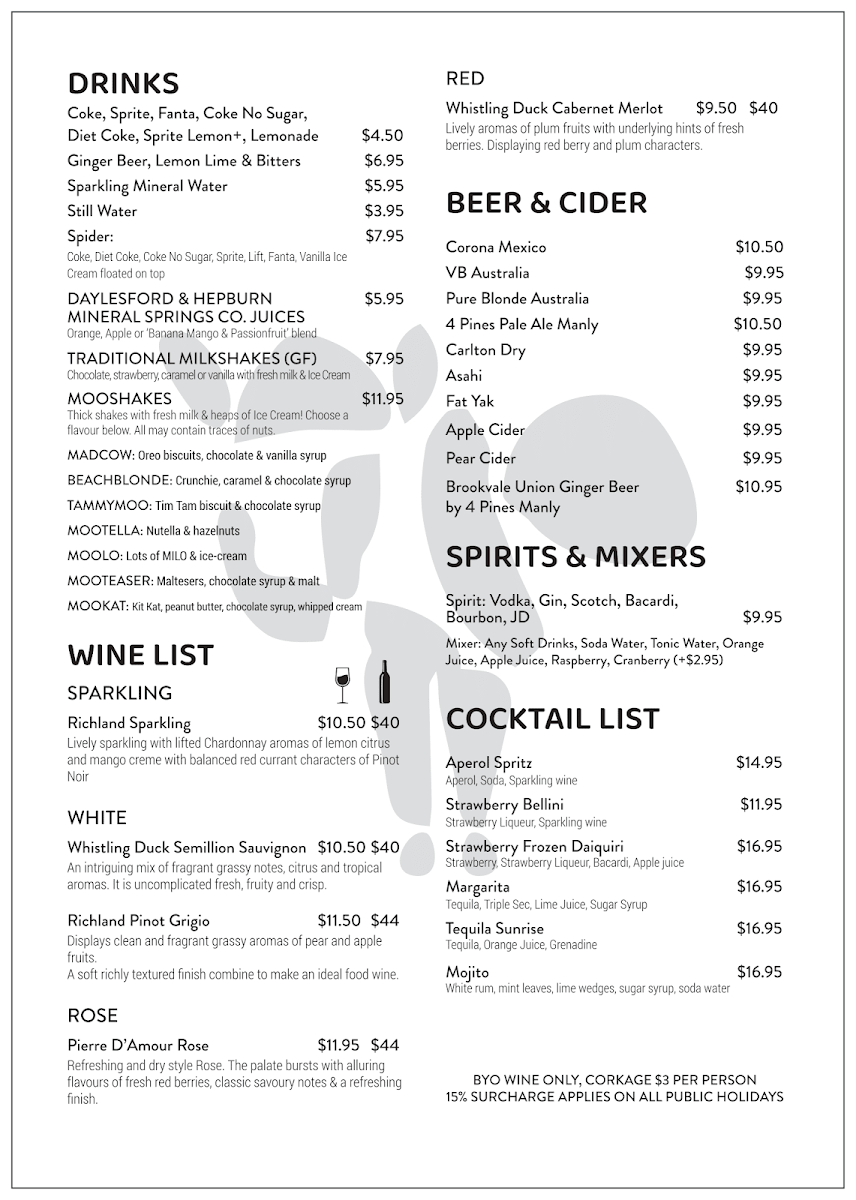 Menu, Moo Gourmet Burgers Manly
