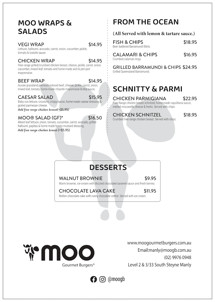 Menu, Moo Gourmet Burgers Manly
