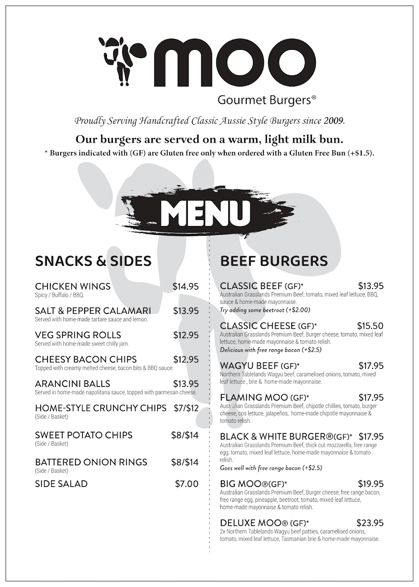 Menu, Moo Gourmet Burgers Manly