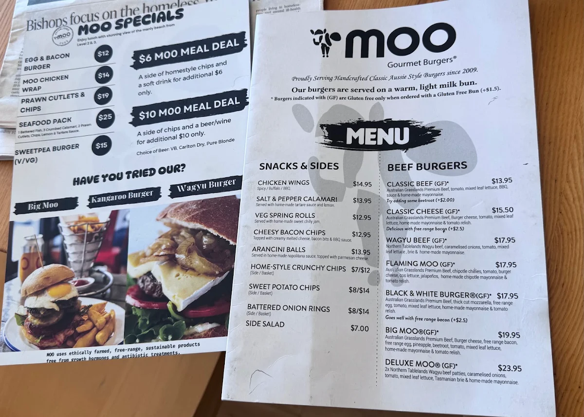 Menu, Moo Gourmet Burgers Manly