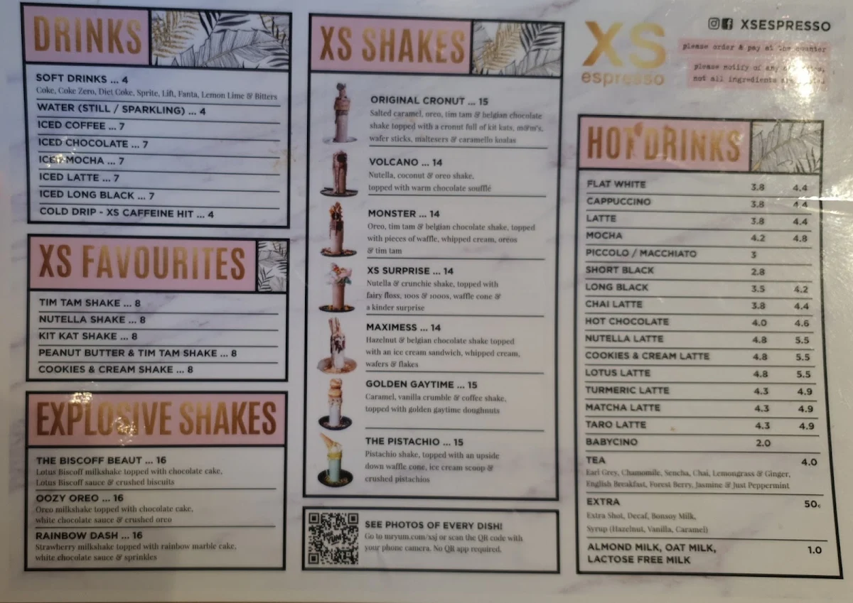 Menu, XS Espresso Jesmond