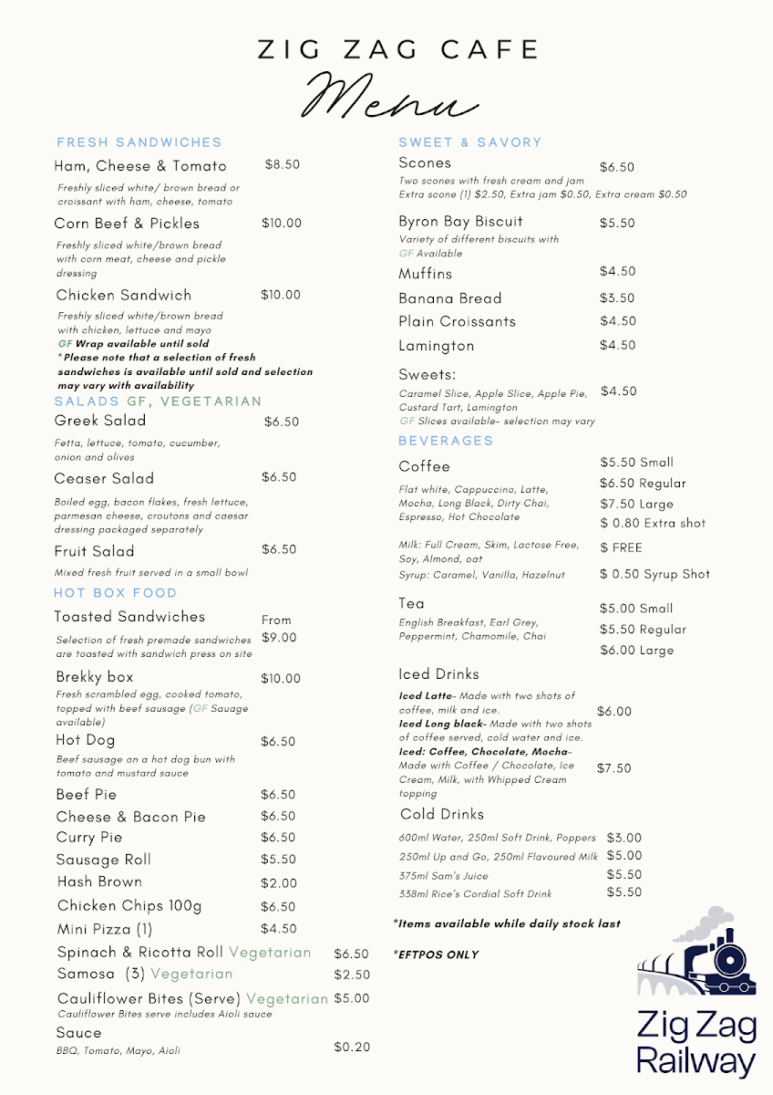 Menu, Zig Zag Railway Cafe