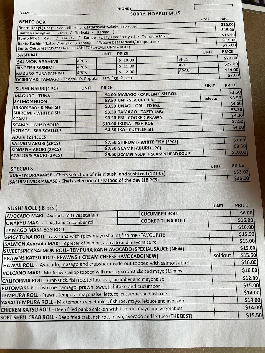 Menu, Sushi Tengoku