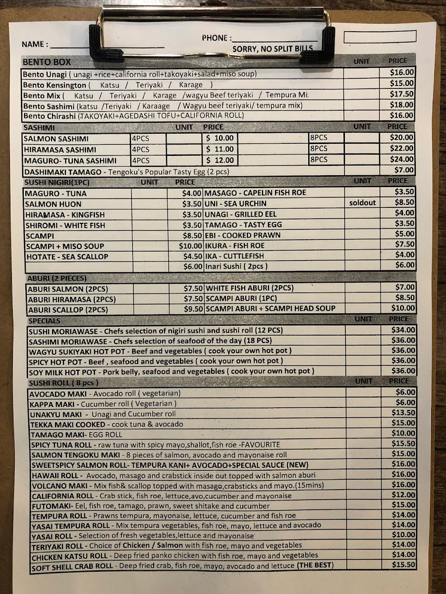 Menu, Sushi Tengoku
