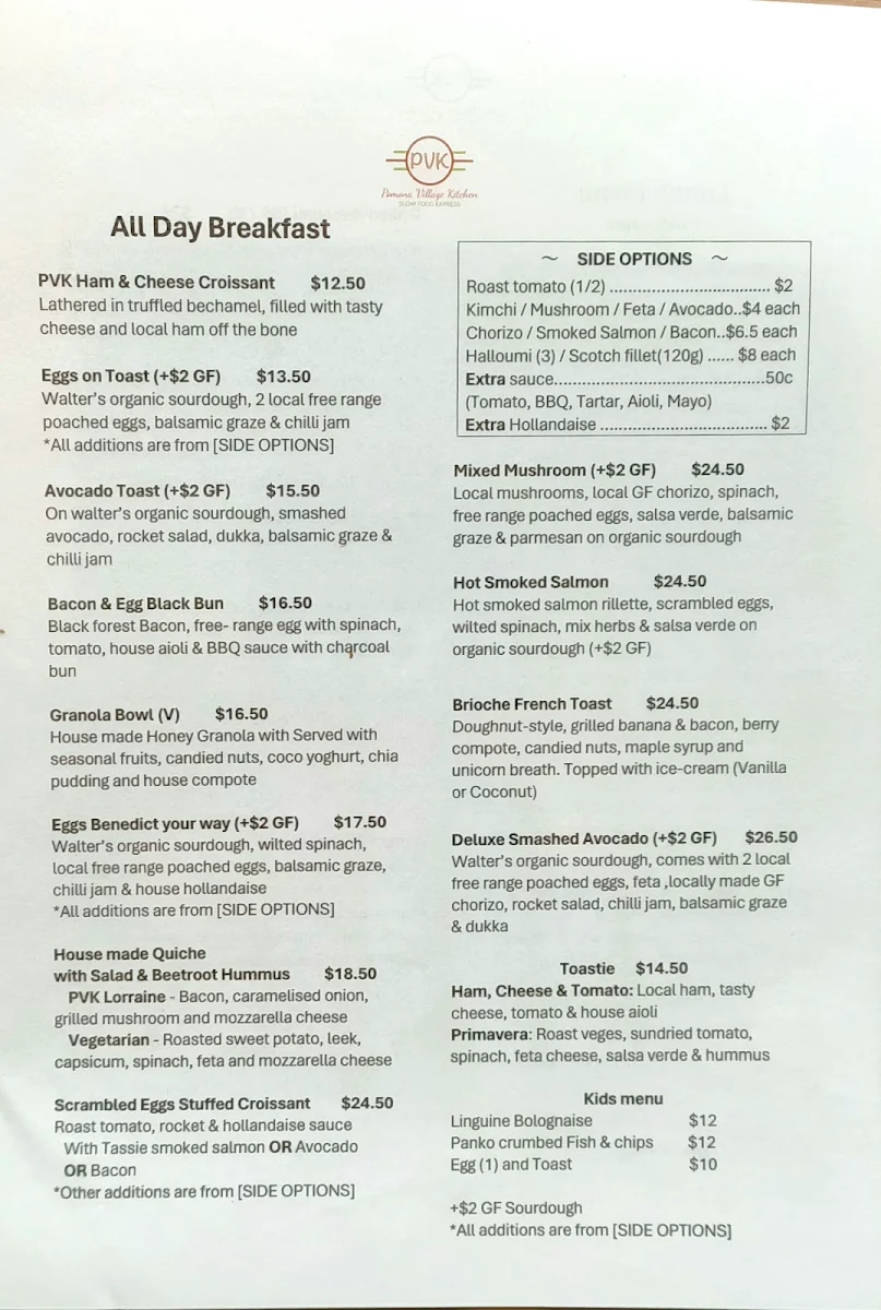 Menu, Pomona Village Kitchen
