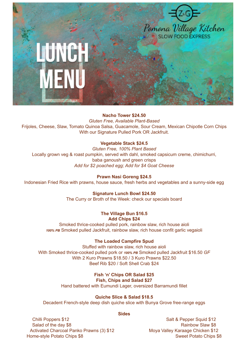 Menu, Pomona Village Kitchen