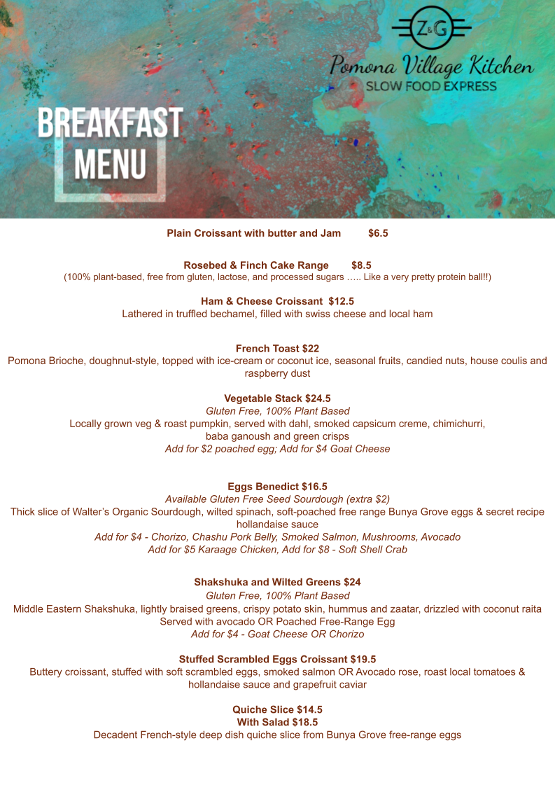 Menu, Pomona Village Kitchen