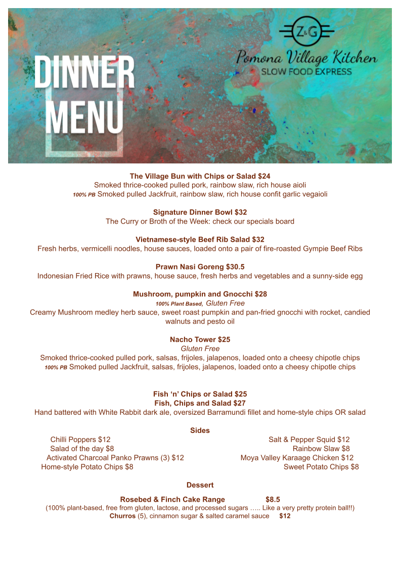 Menu, Pomona Village Kitchen