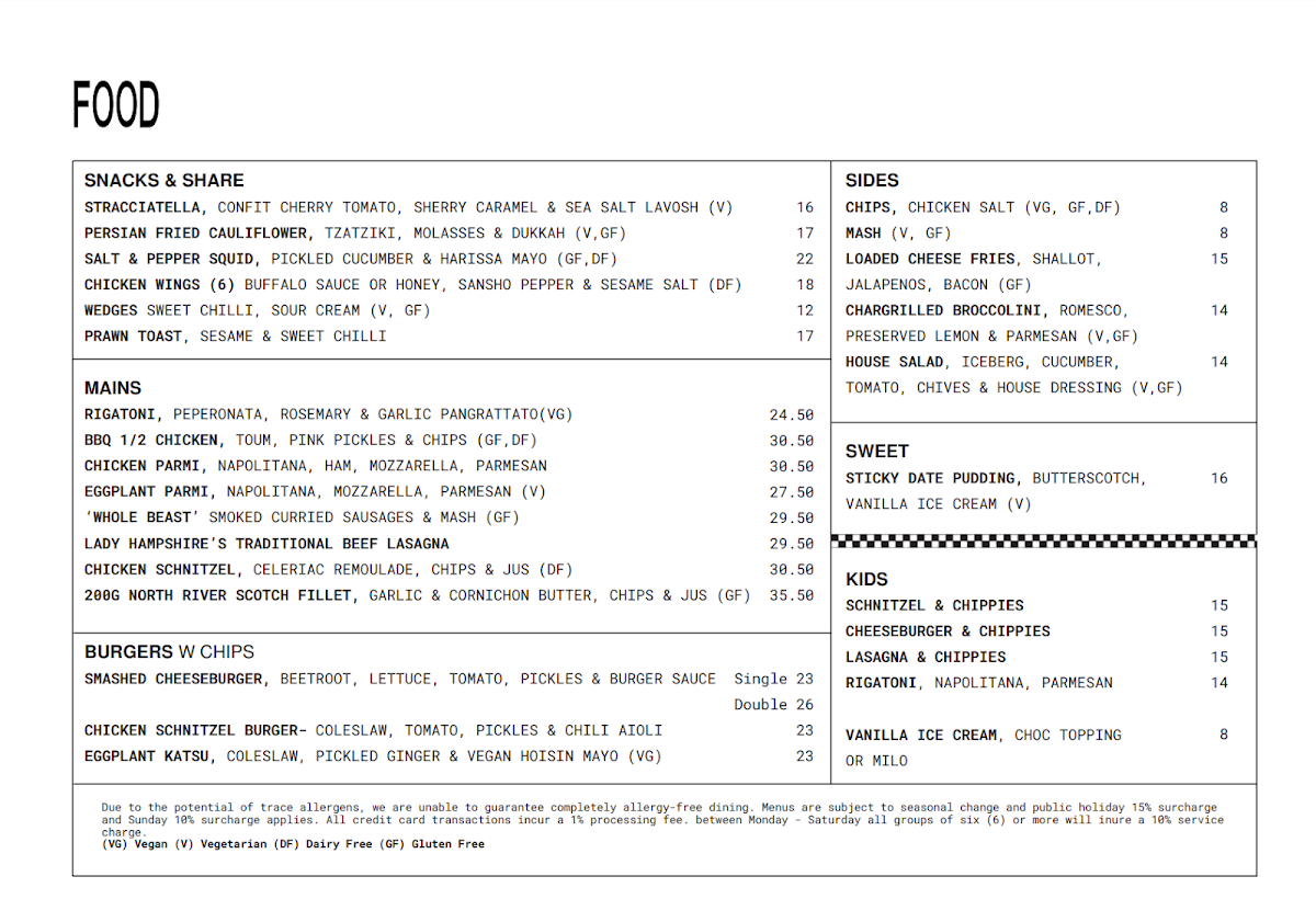 Menu, The Lady Hampshire