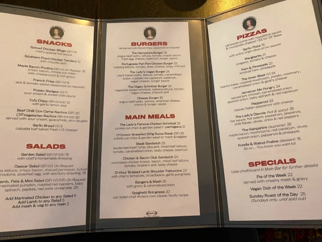 Menu, The Lady Hampshire