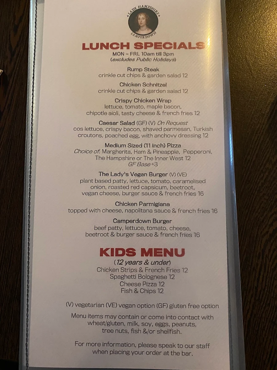 Menu, The Lady Hampshire