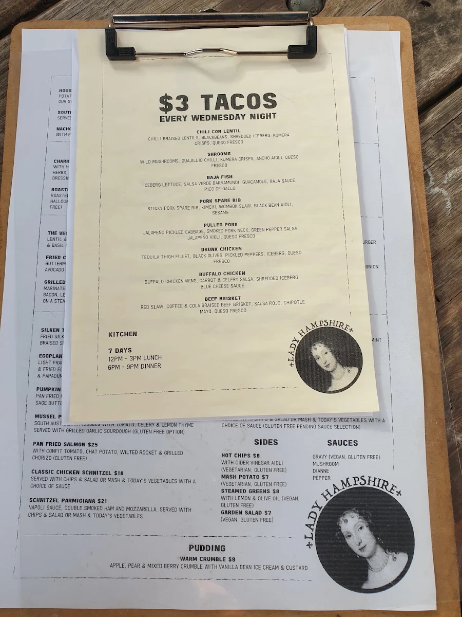 Menu, The Lady Hampshire