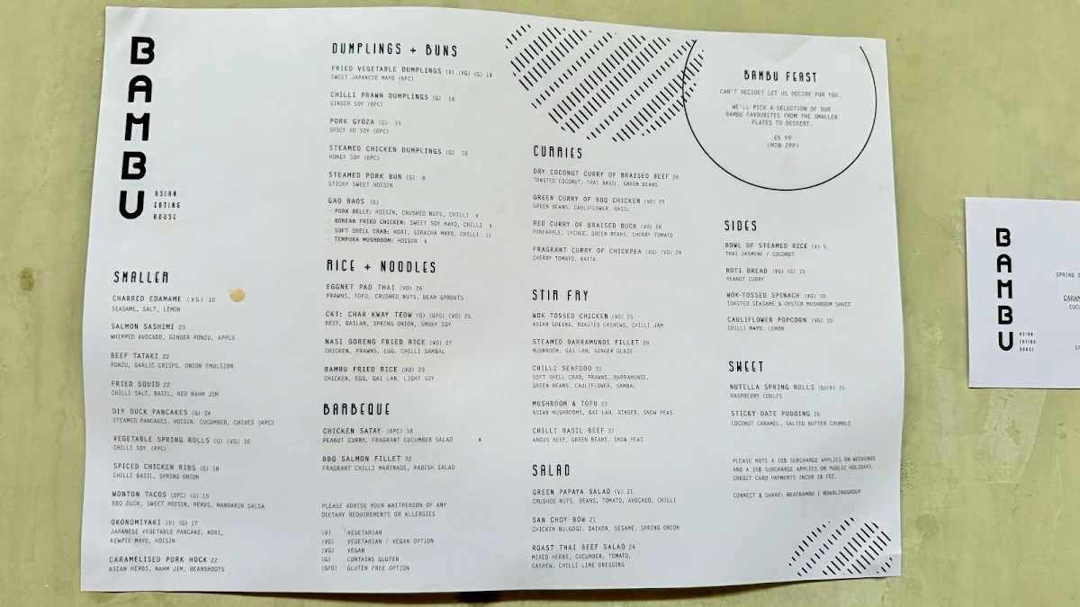 Menu, BAMBU Asian Eating House