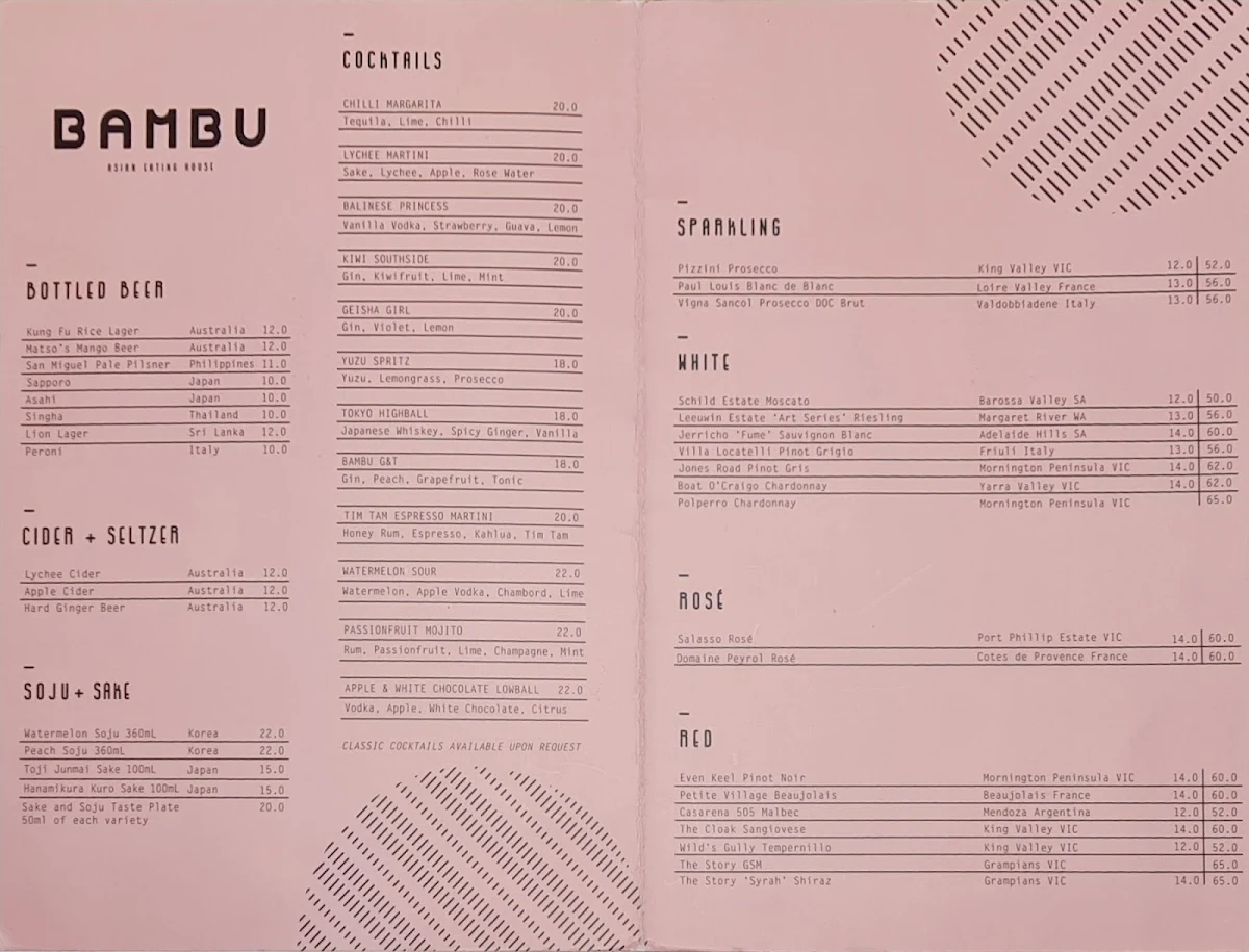 Menu, BAMBU Asian Eating House