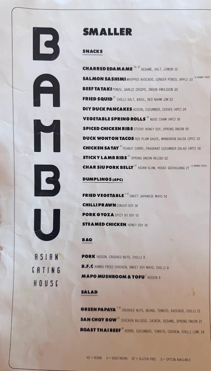 Menu, BAMBU Asian Eating House