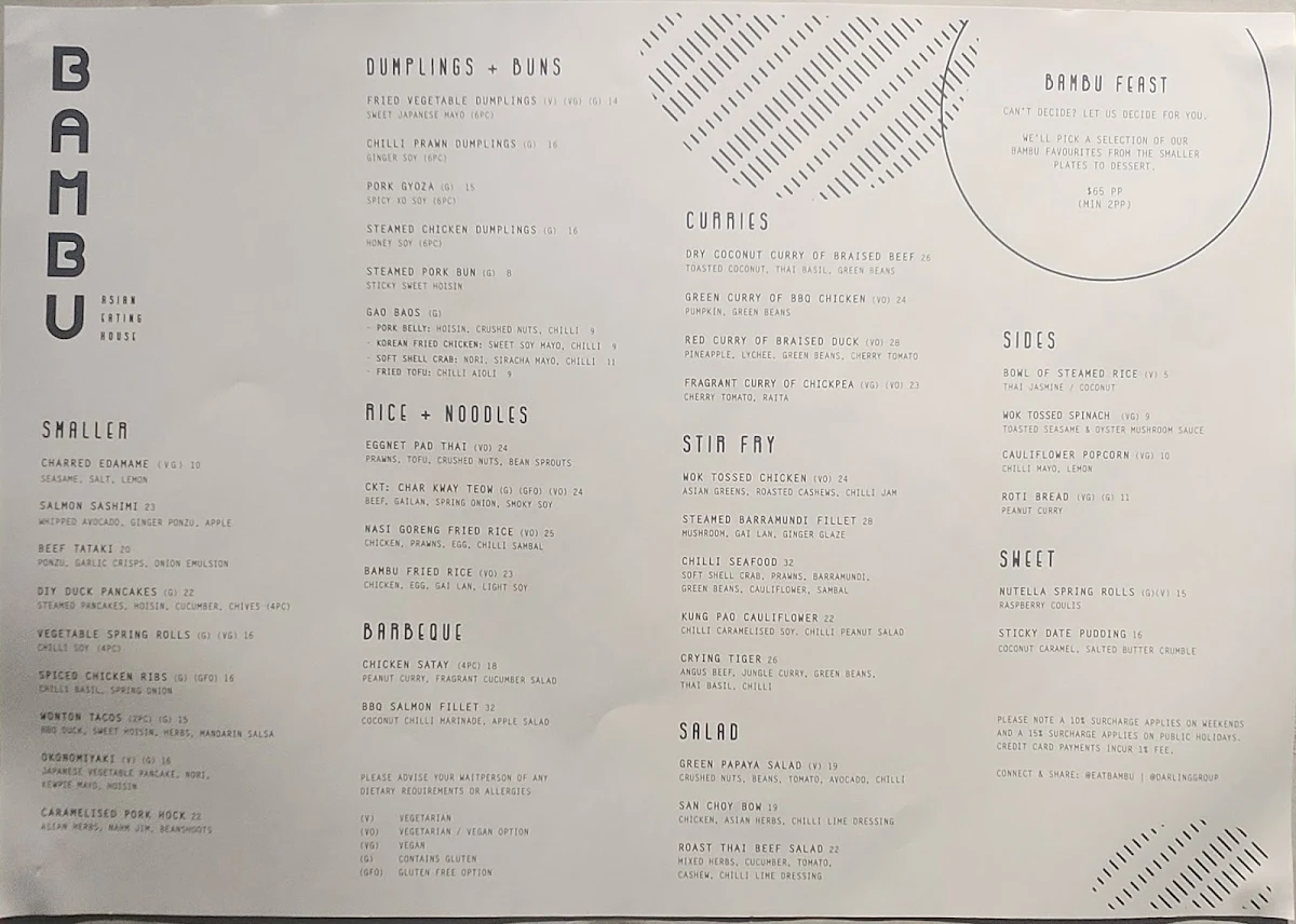 Menu, BAMBU Asian Eating House