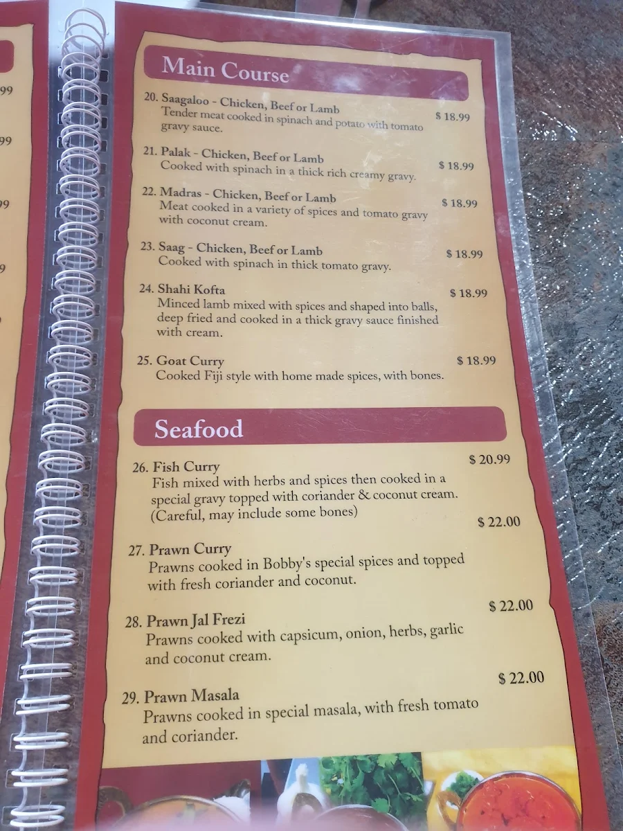 Menu, Bobby's Indian Cuisine