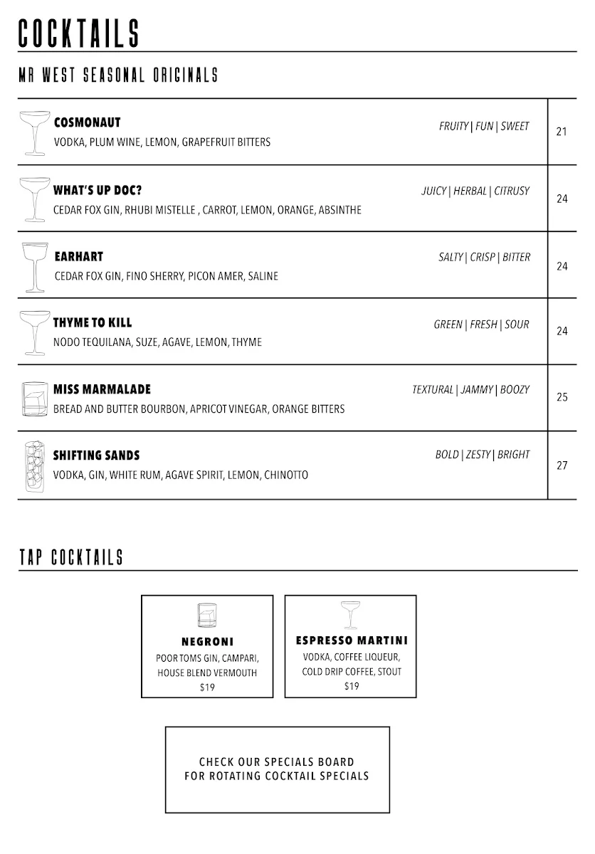 Menu, Mr West Bar & Bottle Shop