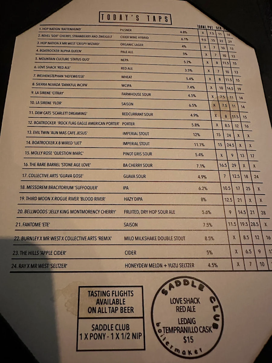 Menu, Mr West Bar & Bottle Shop