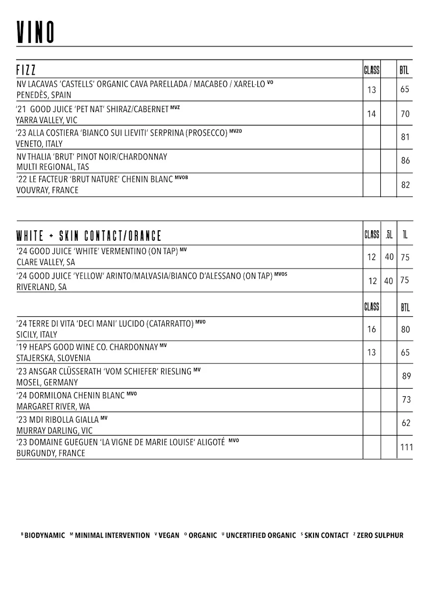 Menu, Mr West Bar & Bottle Shop