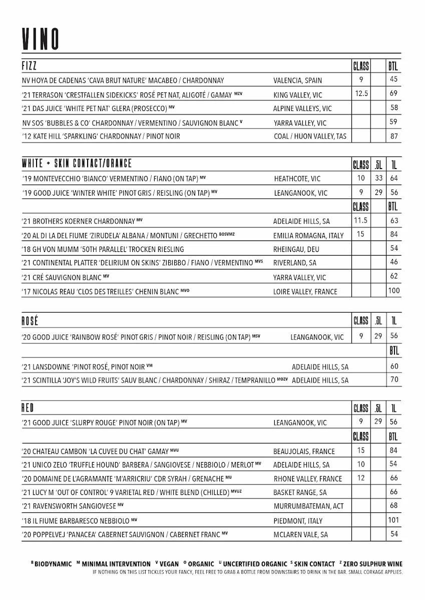 Menu, Mr West Bar & Bottle Shop