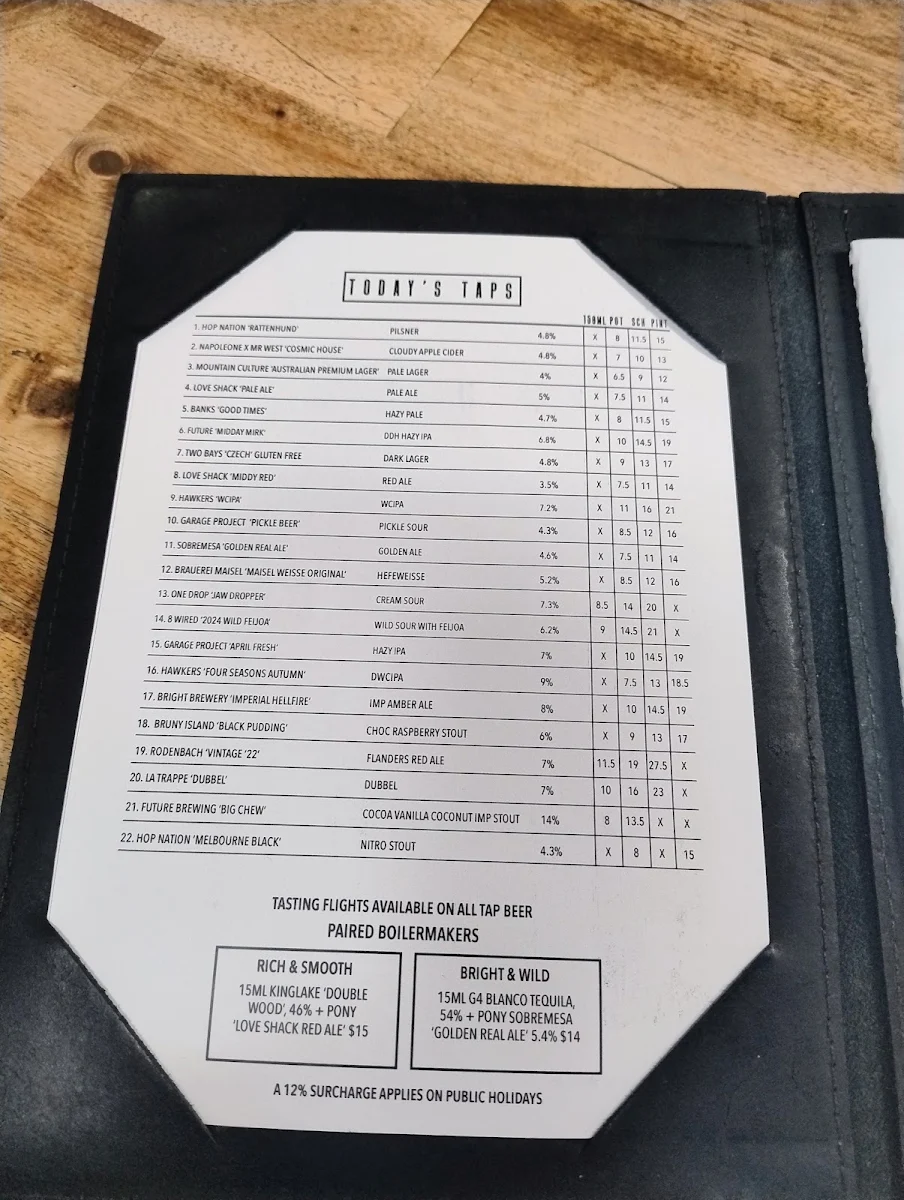 Menu, Mr West Bar & Bottle Shop