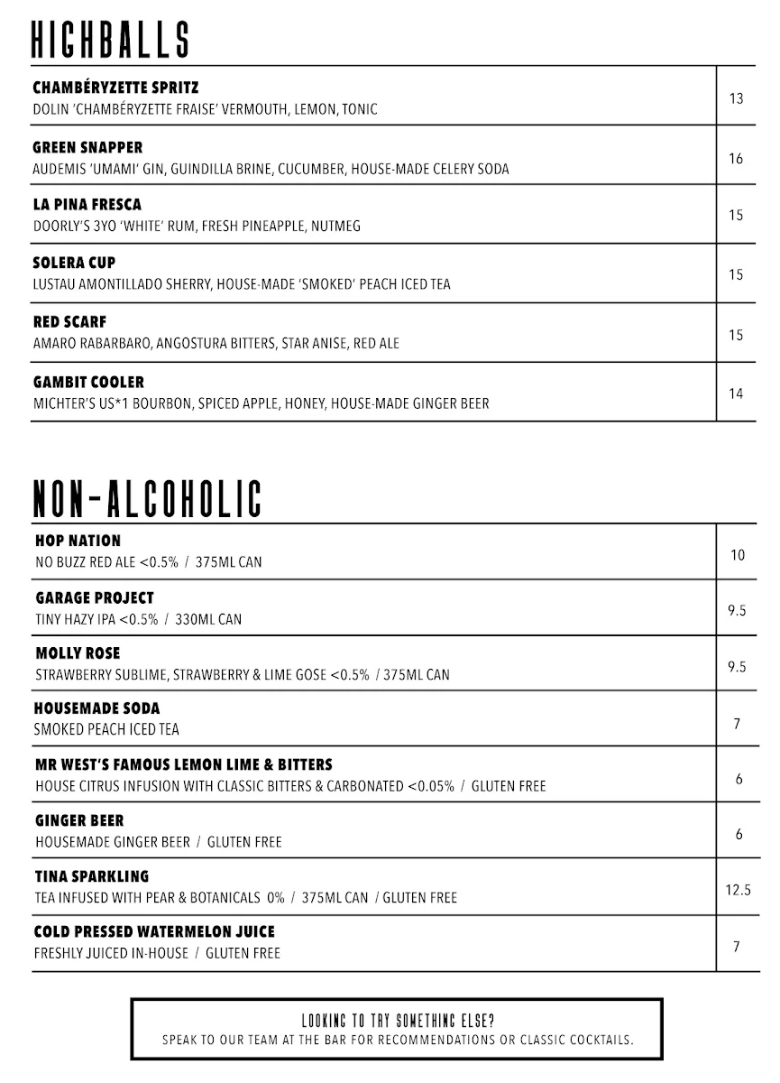 Menu, Mr West Bar & Bottle Shop