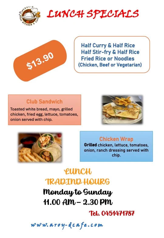 Menu, aRoy-D Thai Kitchen & Cafe