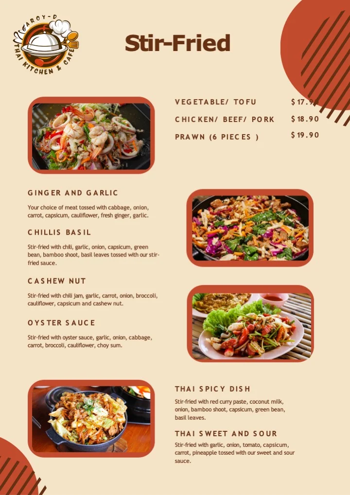 Menu, aRoy-D Thai Kitchen & Cafe