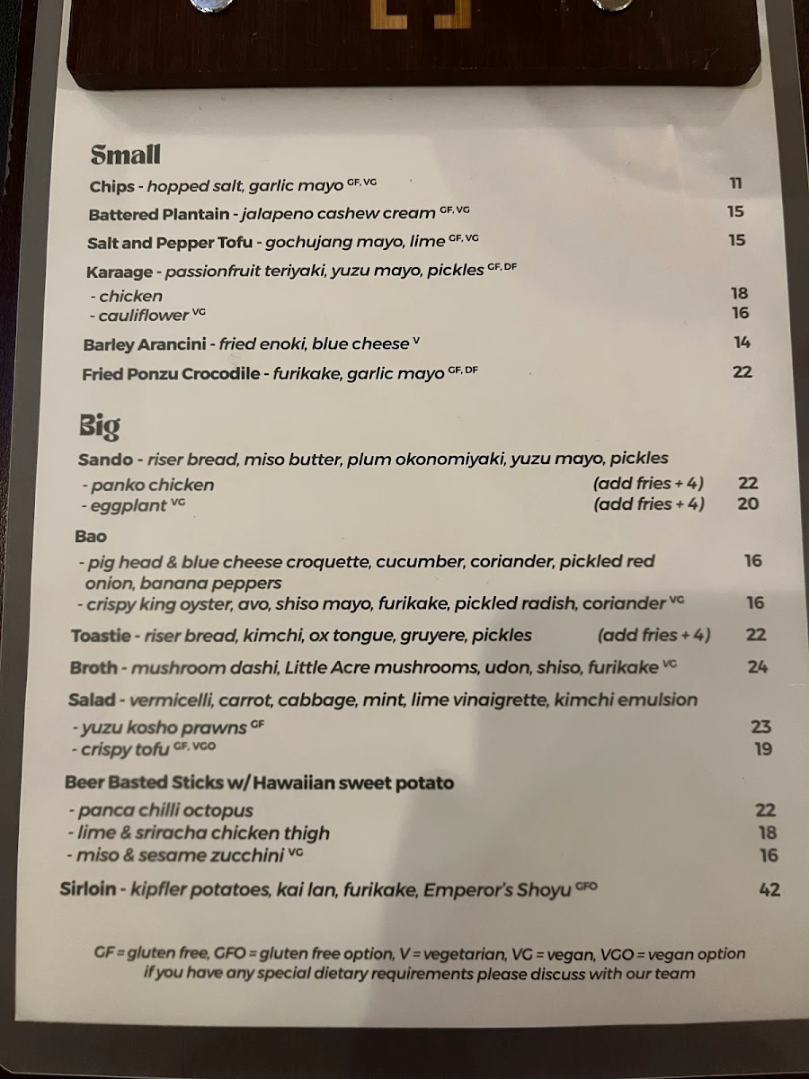 Menu, Working Title Brew Co.