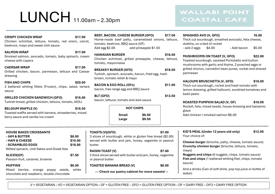 Menu, Wallabi Point Coastal Cafe