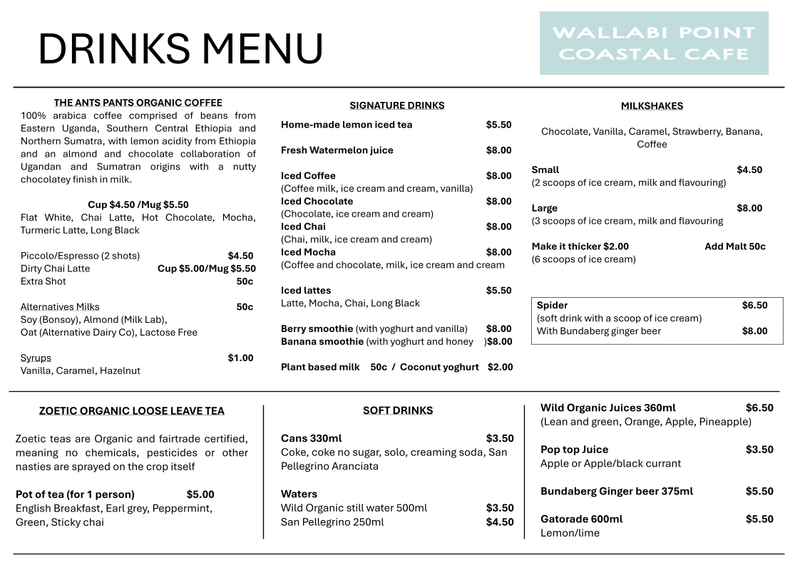 Menu, Wallabi Point Coastal Cafe