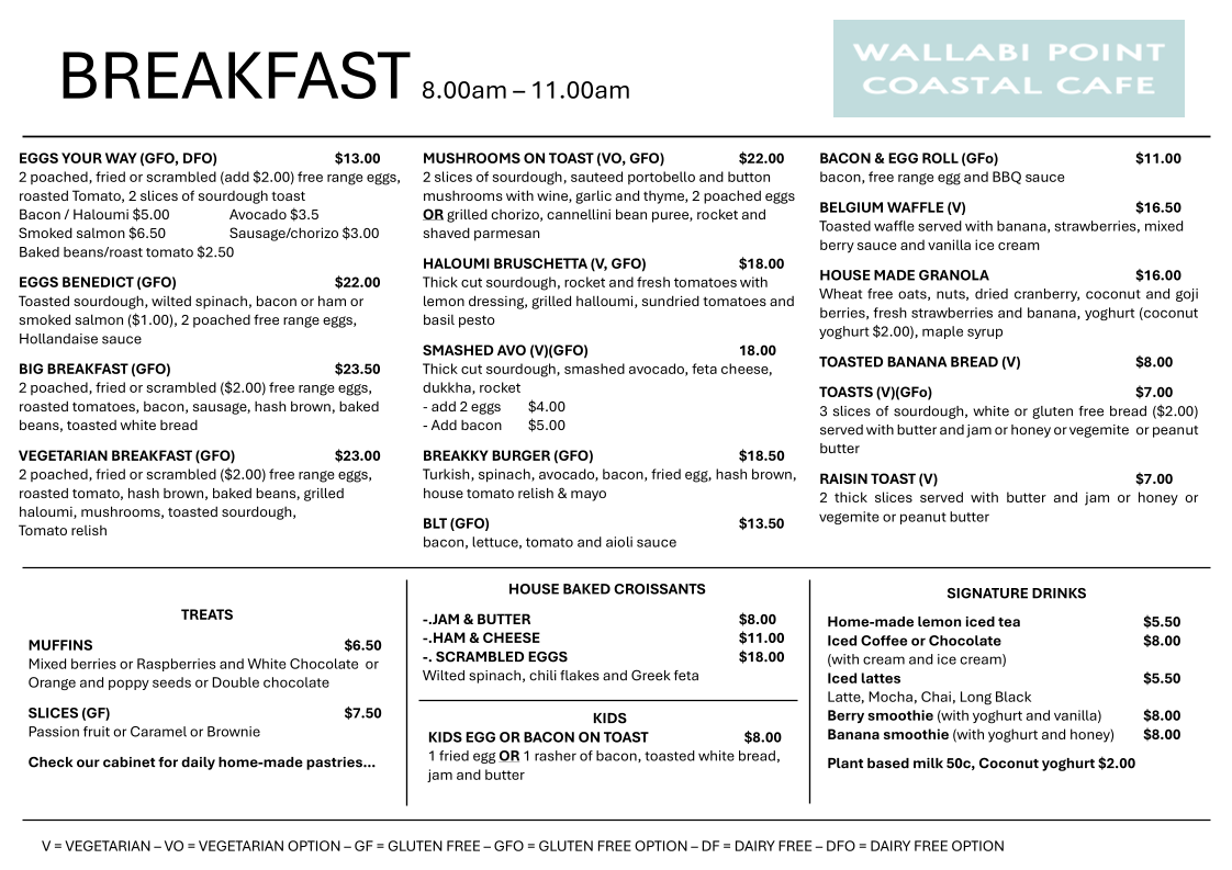 Menu, Wallabi Point Coastal Cafe