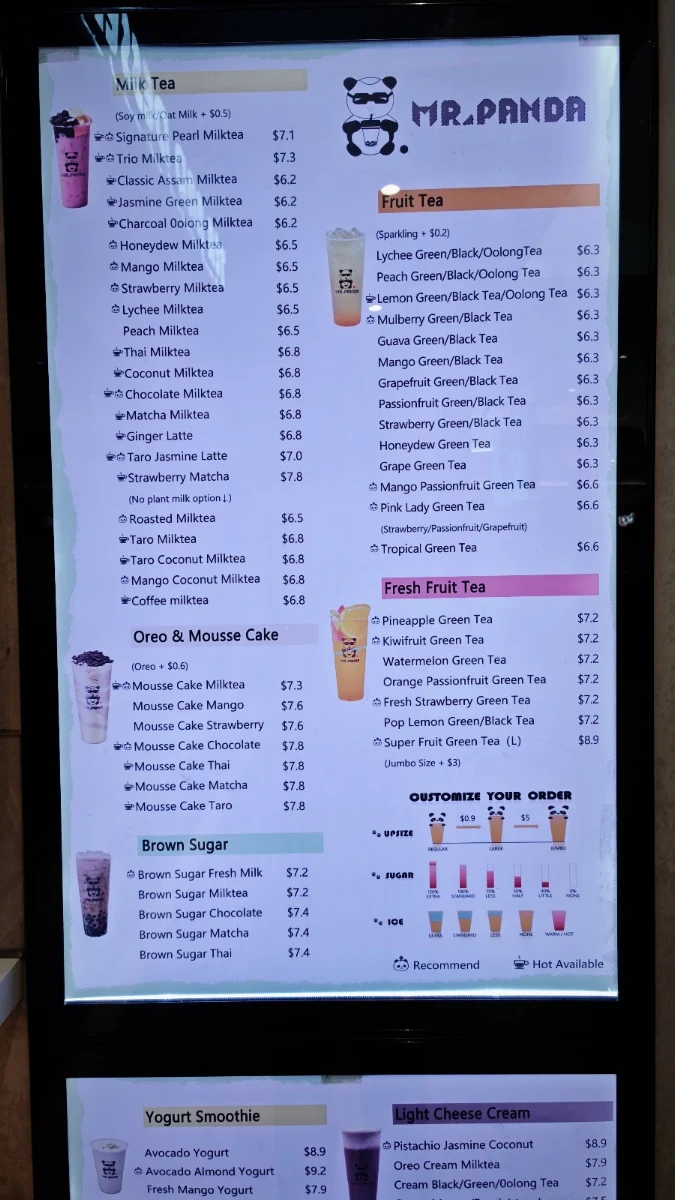 Menu, Mr.Panda Bubble Tea