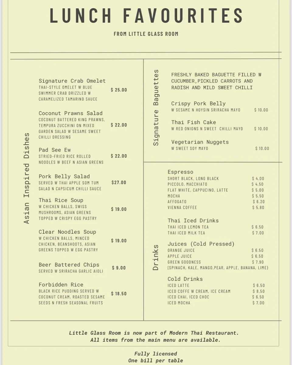 Menu, Little Glass Room Bar & Restaurant
