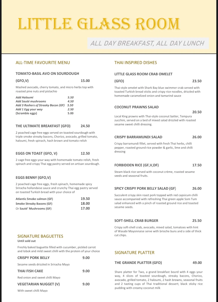 Menu, Little Glass Room Bar & Restaurant