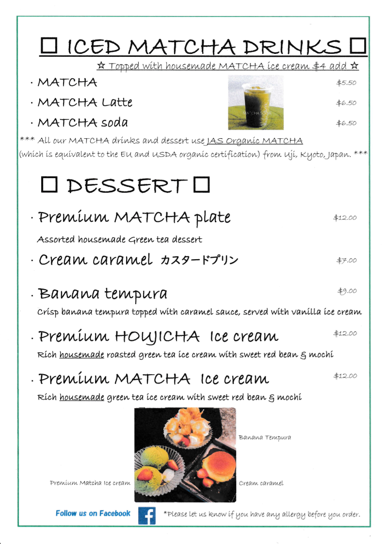 Menu, Haruka Japanese Cuisine