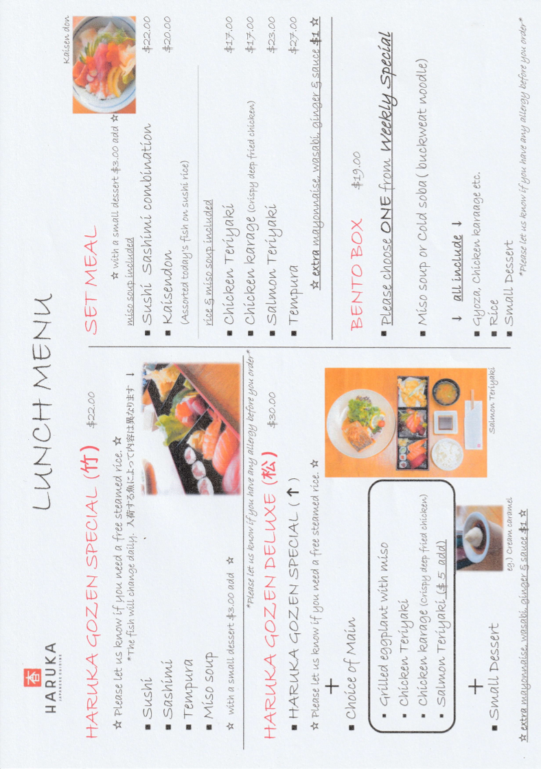 Menu, Haruka Japanese Cuisine