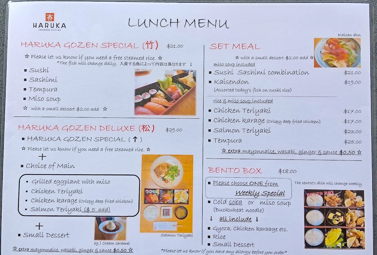 Menu, Haruka Japanese Cuisine